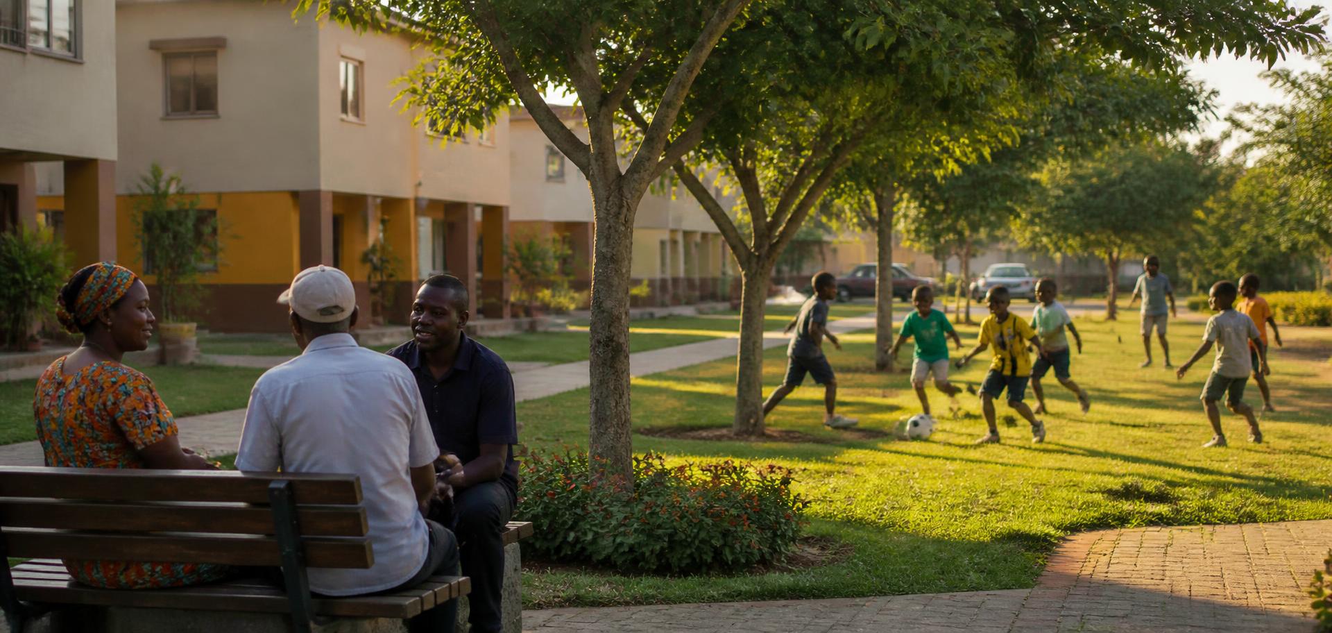 Neighbours talking on a bench while children play football on a shared green in a Ghanaian residential community
