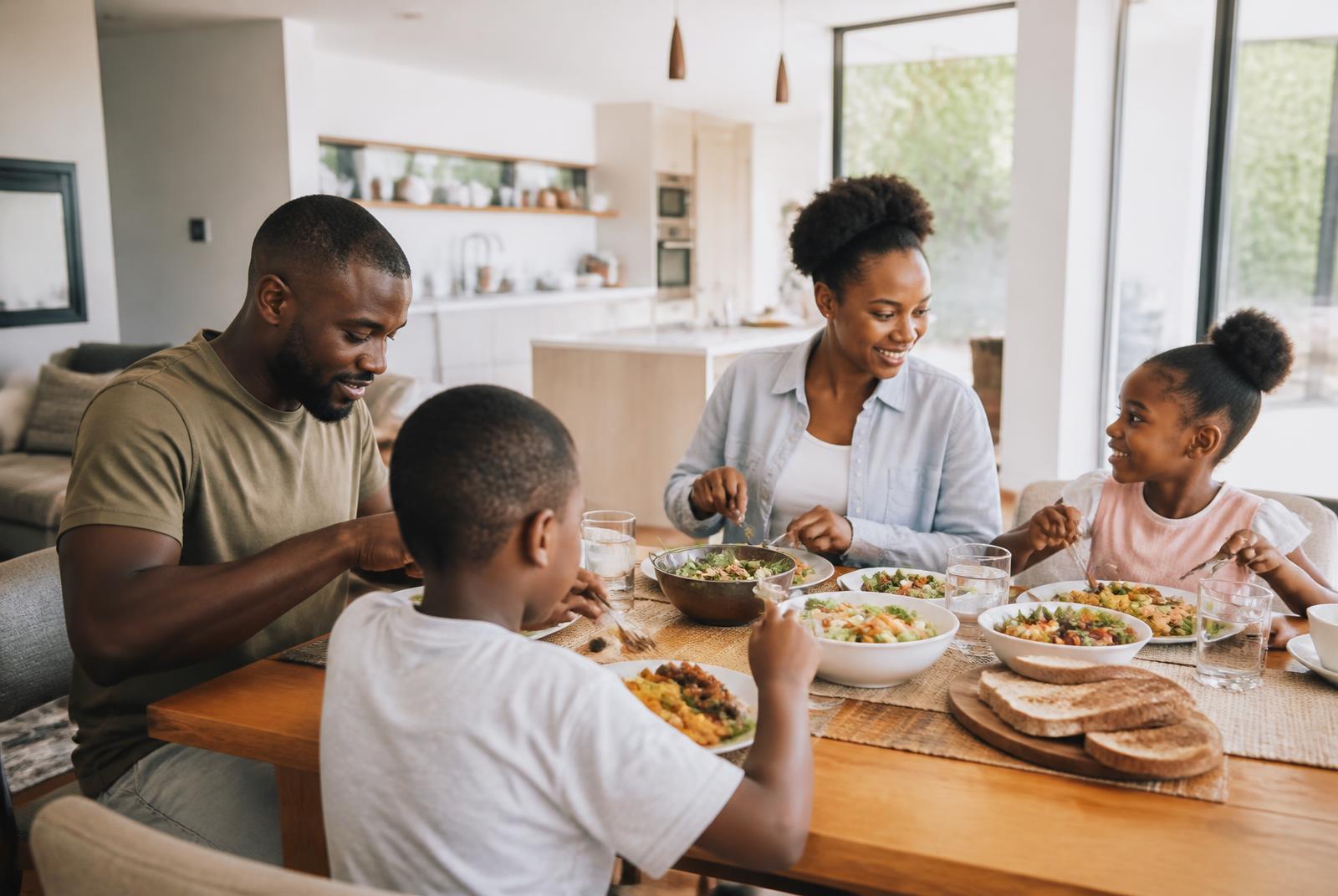 A family at home together in a bright living space