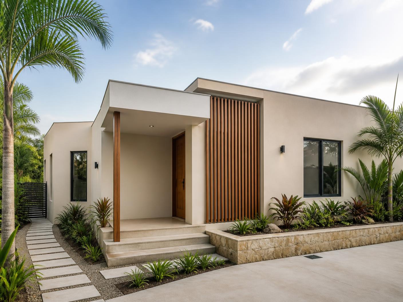 A contemporary home with a timber screen entrance